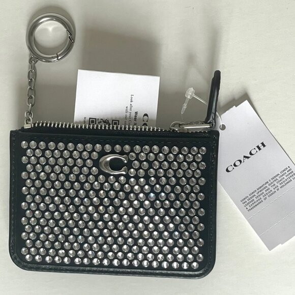 Coach Essential Mini ID Card Case Wallet Keychain Crystal Black Leather CX249 - Picture 4 of 9